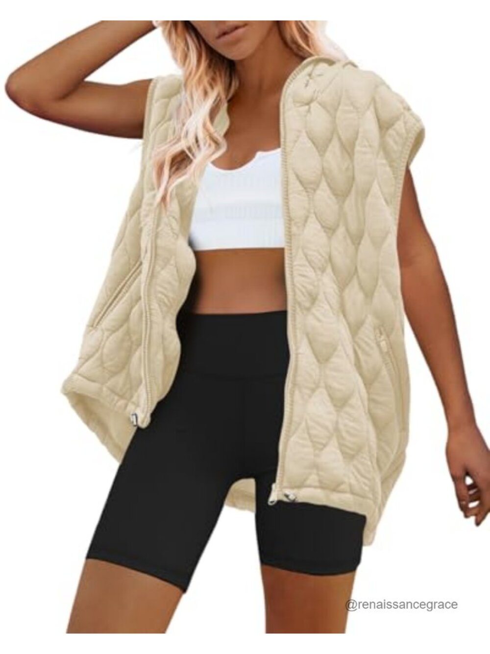 Oversized Quilted Puffer Vest Hooded Zip Up Pockets Womens